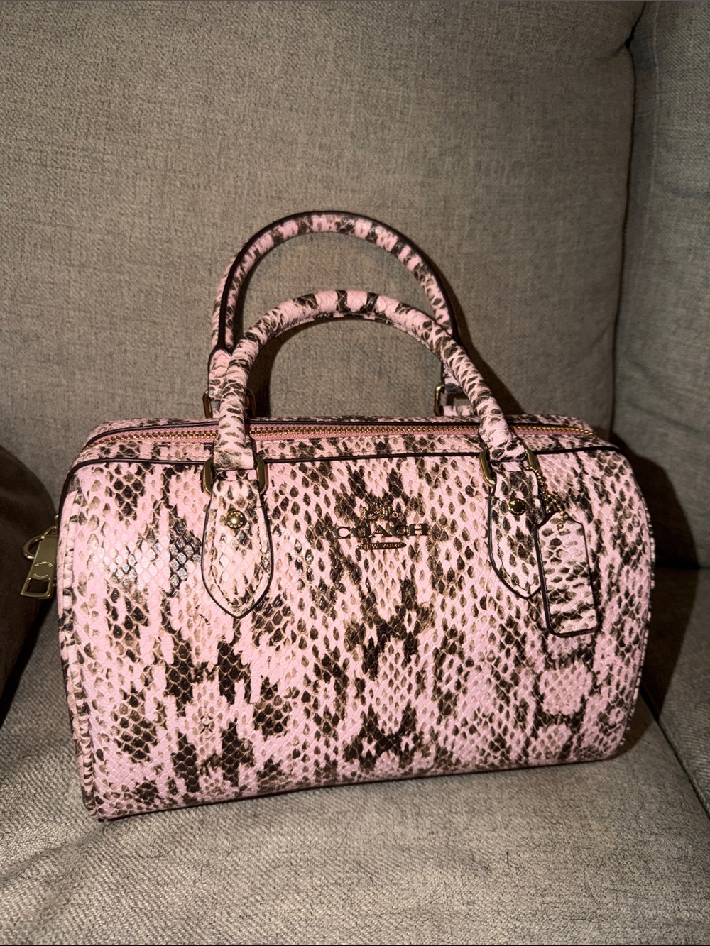 Coach Pink Snake-Print Bowling Satchel with Gold Hardware
